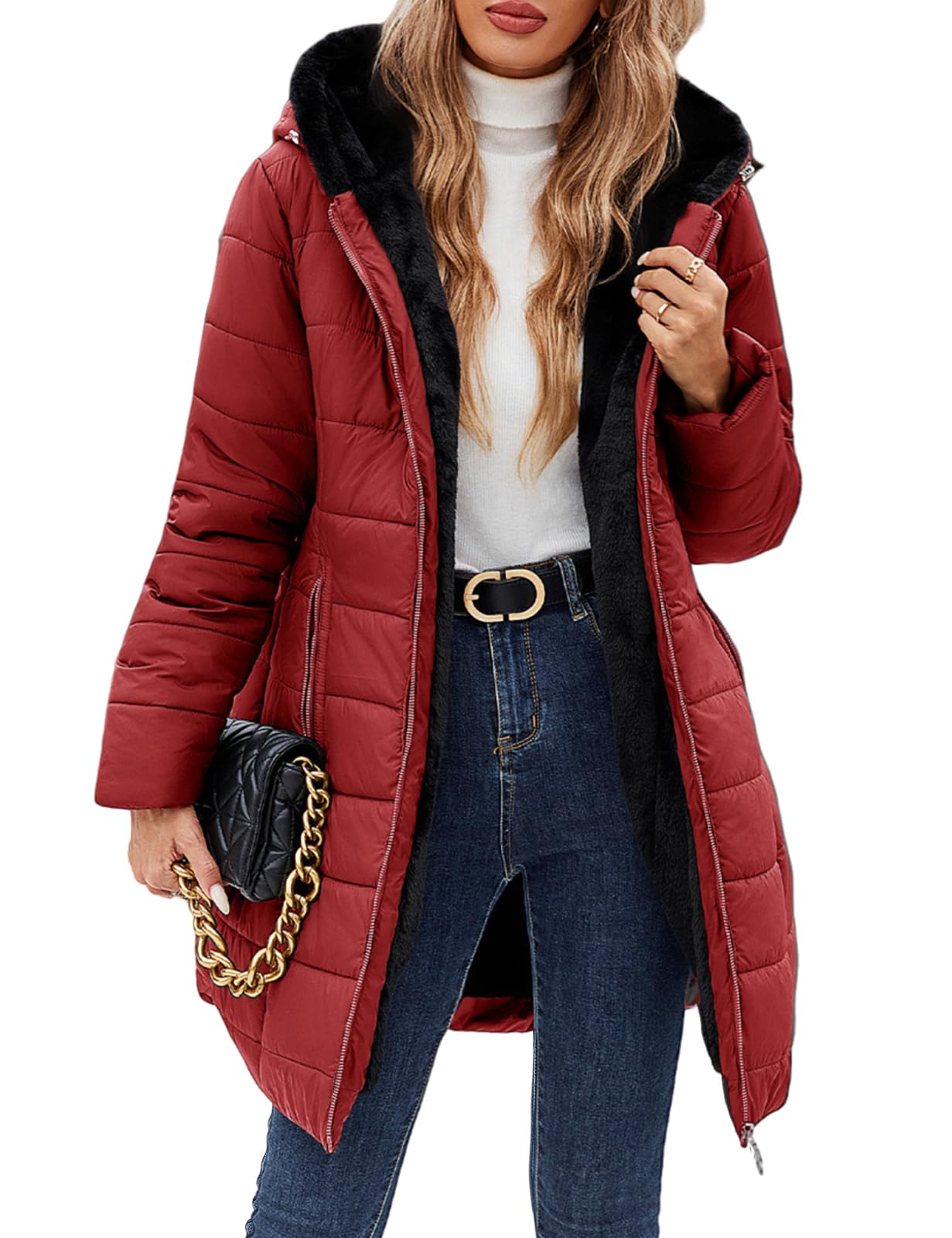 CMTOP Cappotto Donna Invernale Lungo Imbottito Parka Donna con Fodera in Peluche Cappuccio Regolabile Tessuto Idrorepellente Tasche con Zip e Polsini Antivento a Costine