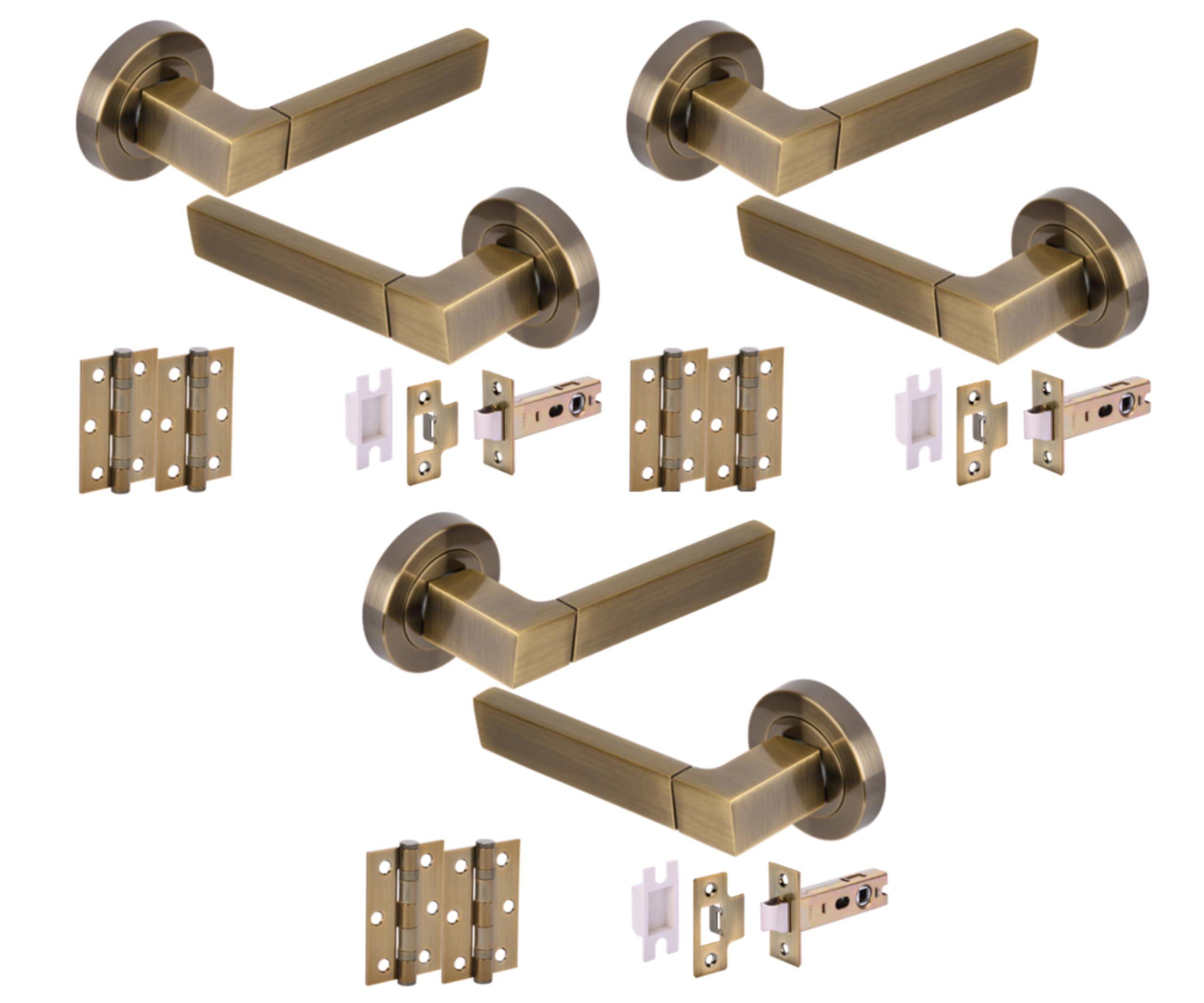 Hunta HANDLEZONE® Luxa Internal Door Handle Packs, Lever Door Handles on Round Rose, Premium 76mm Latch (57mm Backset), 75mm Ball Bearing Hinges, 3 Sets – Antique Bronze