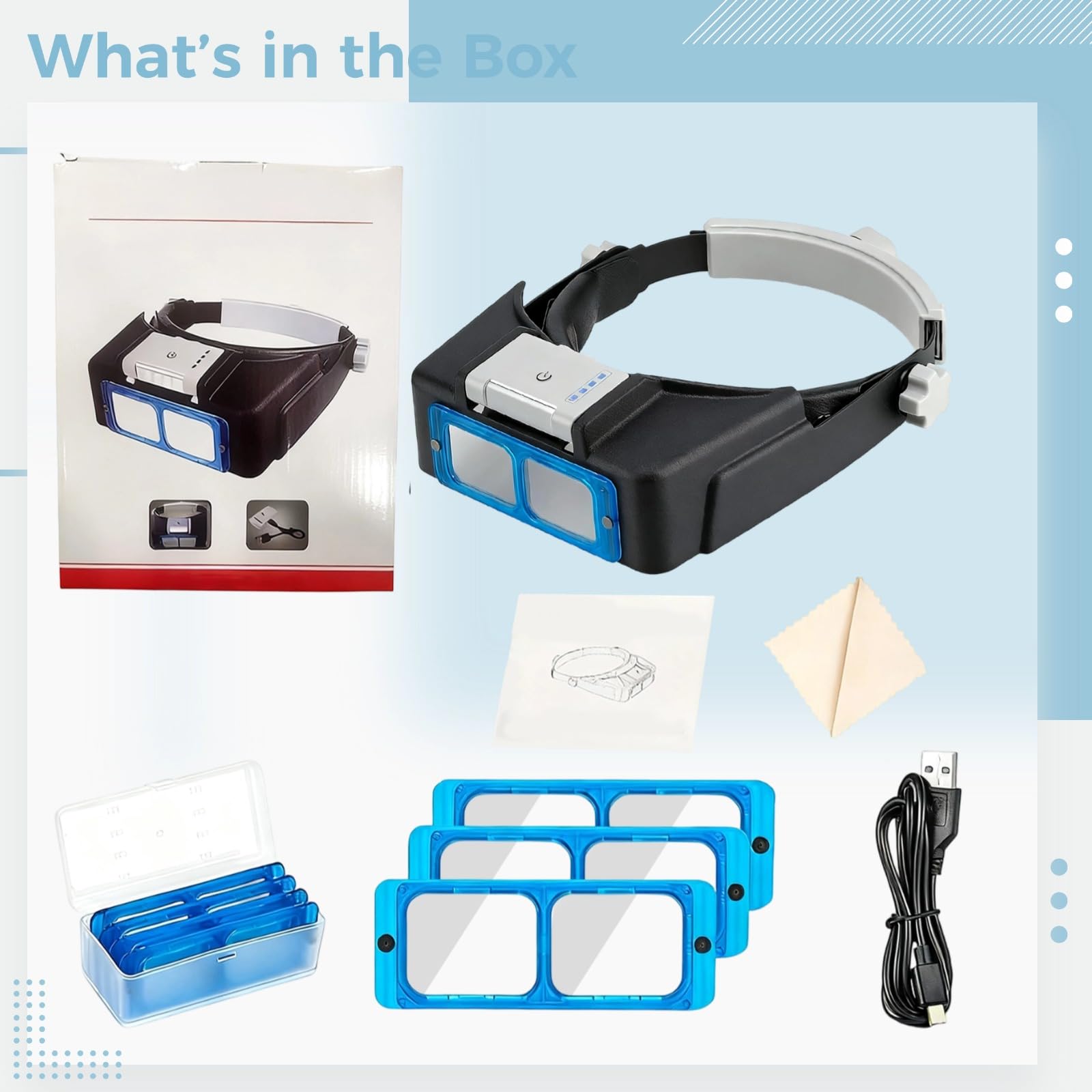 Lupe mit Stirnband und Licht, wiederaufladbare Kopfbandlupe mit 4 LEDs, Linsen 1,5X 2X 2,5X 3,5X, 24,5 x 20 x 5,2 cm, freihändige Kopflupe zum Lesen, Reparieren und für Feinarbeiten