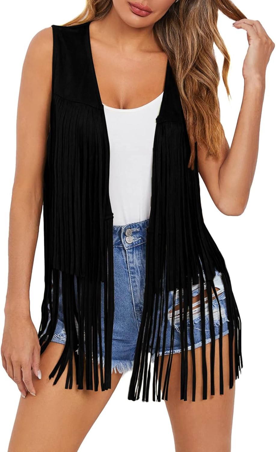 Dokotoo Womens Fringe Vest 70s Hippie Costume Sleeveless Cowgirl Western Outfits Faux Suede Tassel Leather Outerwear
