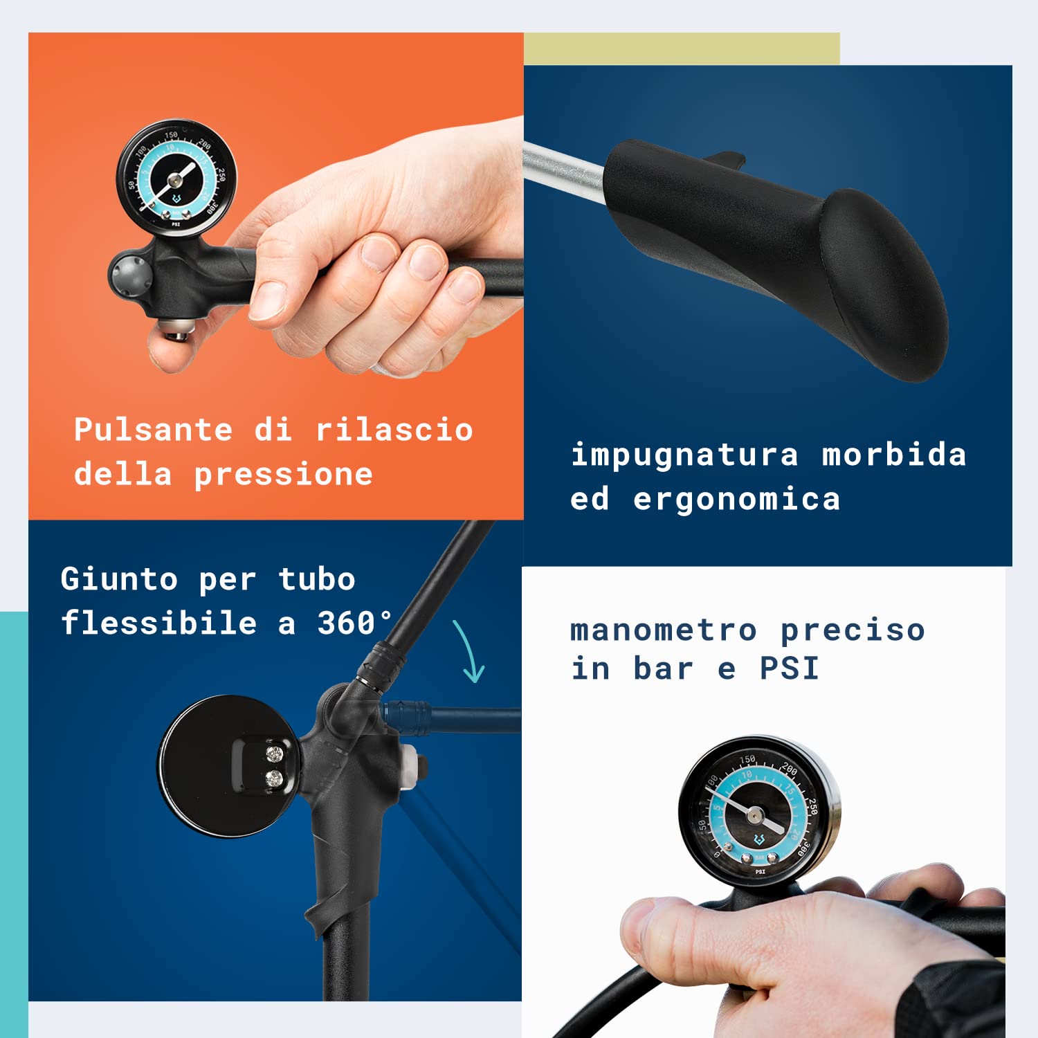 Alphatrail Pompa Ammortizzatori Bob - Per tutte le sospensioni 300 PSI / 20,7 Bar pressione massima I Valvola a 2 stadi I Air bleeder I manometro grande (Ø40mm) I Per RockShox, Fox etc