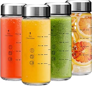 12oz Juice Bottles - 4 Pack Wide Mouth Glass Bottles with Lids- BPA Free, Stainless Steel Lids for Juicing, Smoothies, Infused Water, Beverage Storage - Leakproof, Borosilicate, Clear
