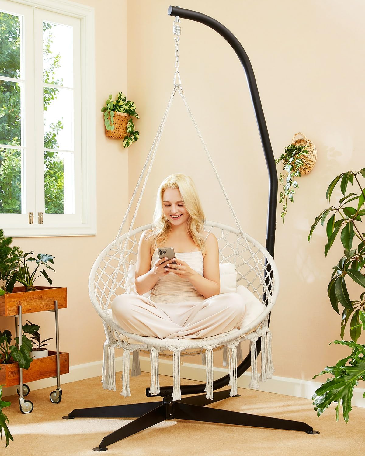 Greenstell Hammock Chair, Macrame Swing Chair with Comfy Cushion, Boho Hanging Chair for Outdoor & Indoor, Perfect for Bedroom, Patio, Balcony, Hold up to 350Lbs, Beige