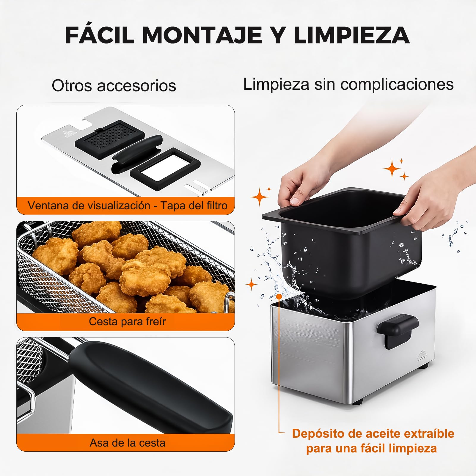 Freidora eléctrica de 3,2 L con ventana de visualización, freidora de acero inoxidable de 1500 W con control de temperatura, cesta extraíble y depósito de aceite, fácil de limpiar