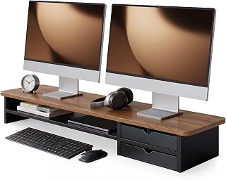 Fenge Dual Monitor Stand Riser with 2 Acrylic Boxes 108 cm Large Computer Monitor Stand for PC/Laptop/Fax/Printer/TV Display, Brown+Black