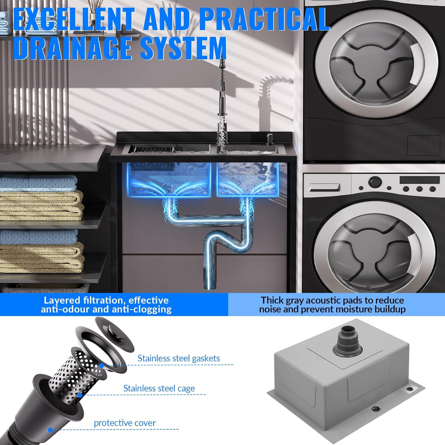 Stainless Steel 36.6"x 22.2"x 38.9" 2 Compartment Freestanding Commercial Sink with Cold & Hot Water Faucet, Hoses & Drain Kit, for Kitchens, Bathrooms, Garage