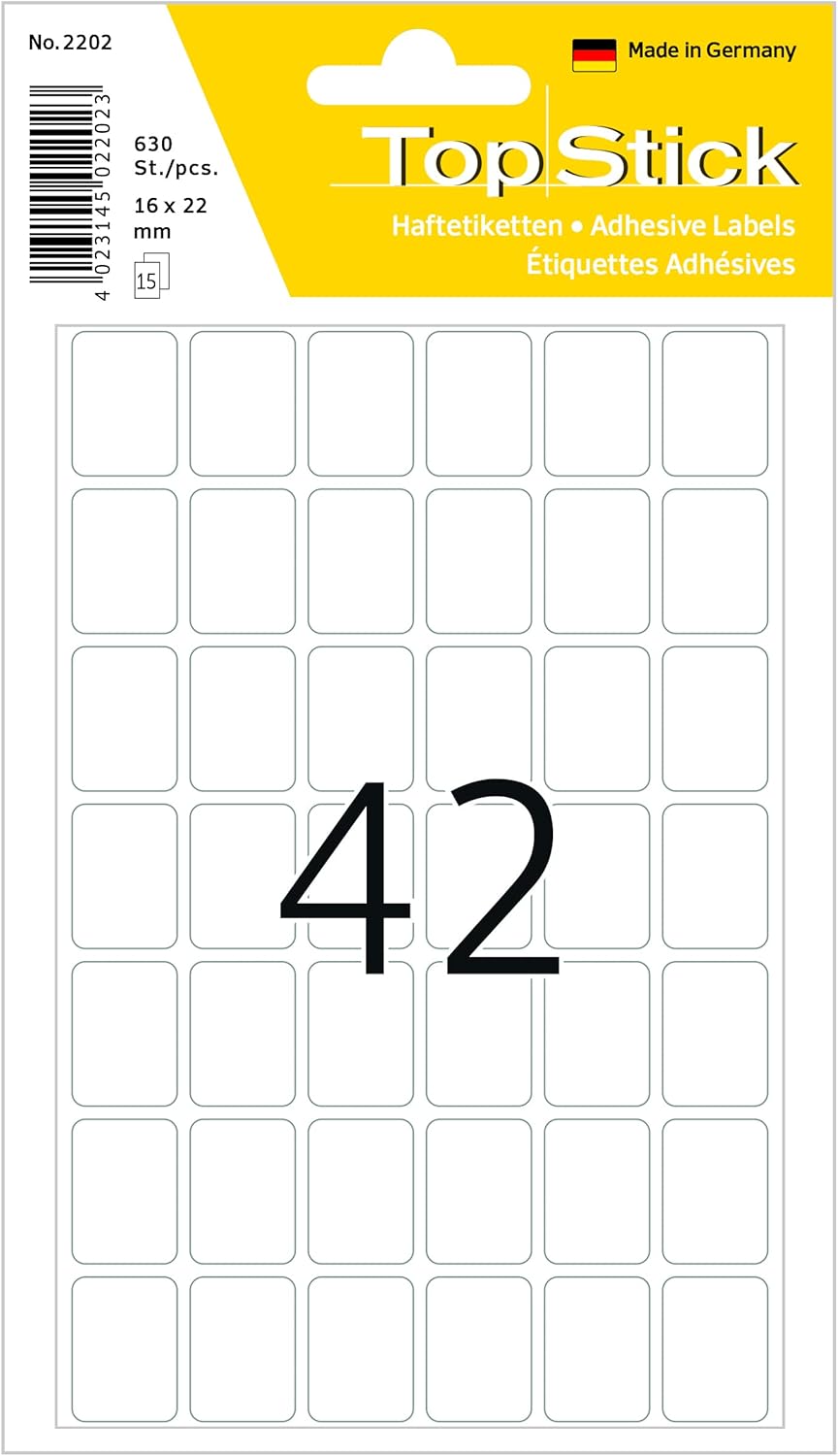 TopStick Multi Purpose Labels, 42 Labels per Sheet, 15 Sheets, 16 x 22 mm, 630 Labels, Self Adhesive Small Labels Stickers, Blank Sticky Labels for Office Kitchen Home, White
