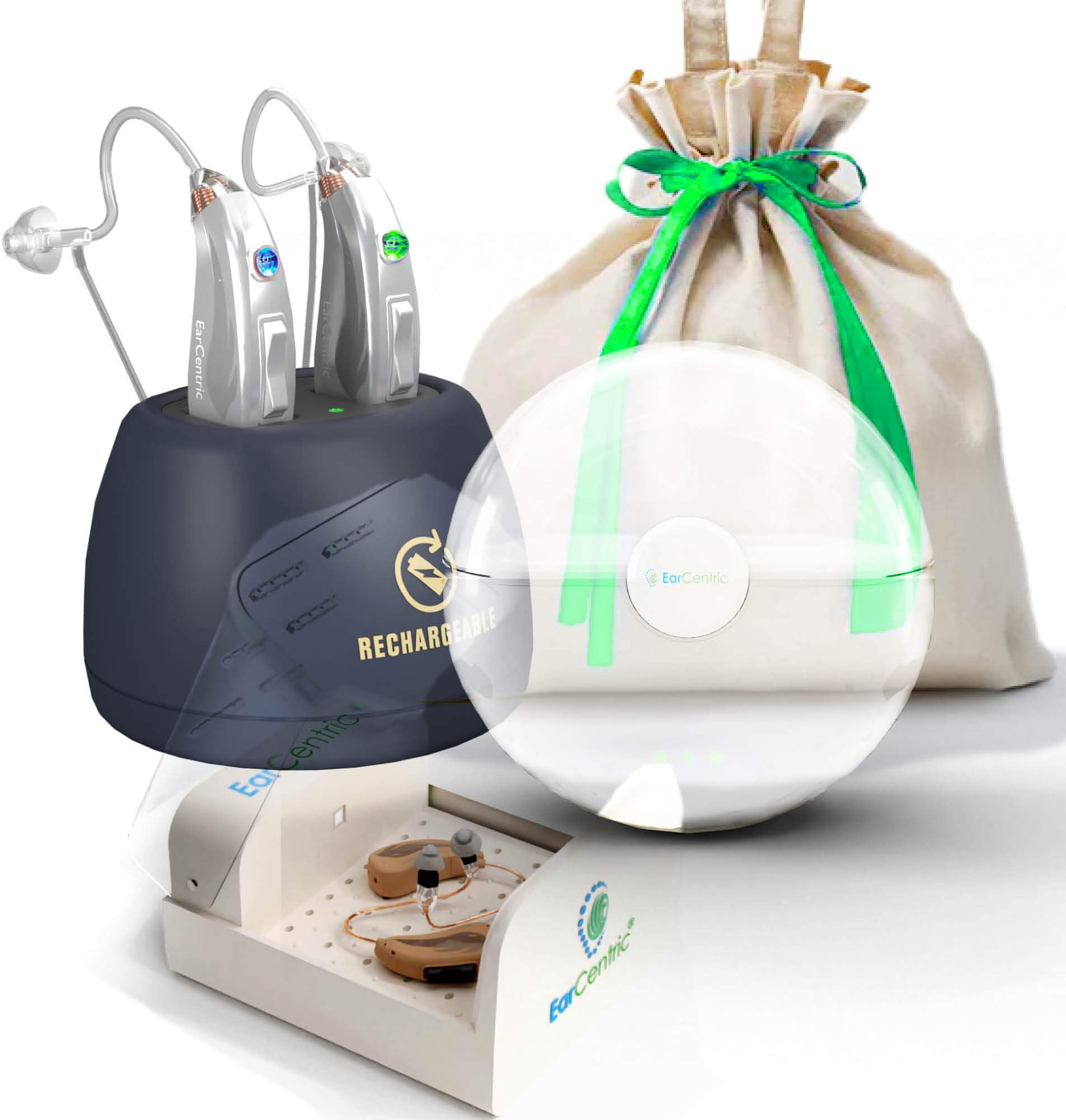 [Bundle] EarCentric EasyCharge Rechargeable Hearing Aids [Silver] + Portable Charger [White] + Dehumidifier Dryer