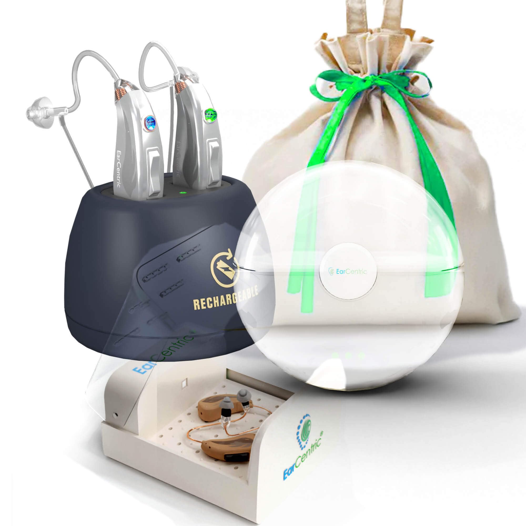 [Bundle] EarCentric EasyCharge Rechargeable Hearing Aids [Silver] + Portable Charger [White] + Dehumidifier Dryer