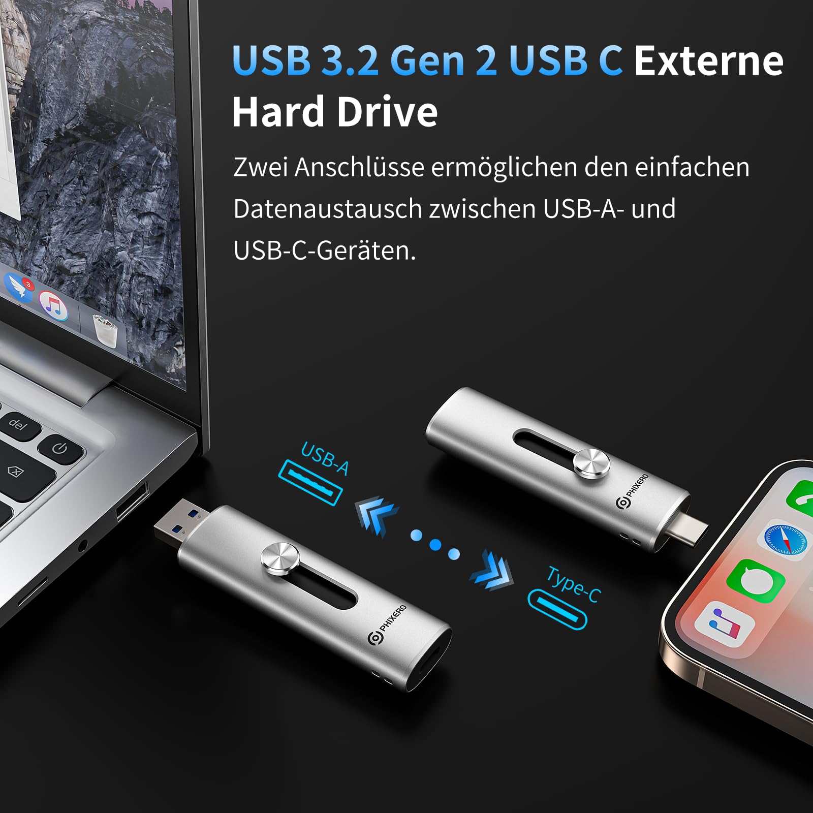 PHIXERO SSD externe 1 To, 1100 Mo/s, USB C Portable SSD pour iPhone 16/ordinateur portable/Mac