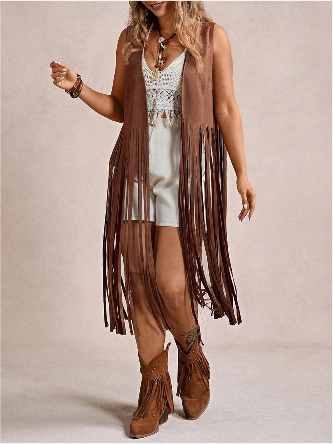 Women's Plus Size Western Fringe Vest Hippie Boho Tassel Suede Cowgirl Sleeveless Jackets 70s Outfits - Image 5