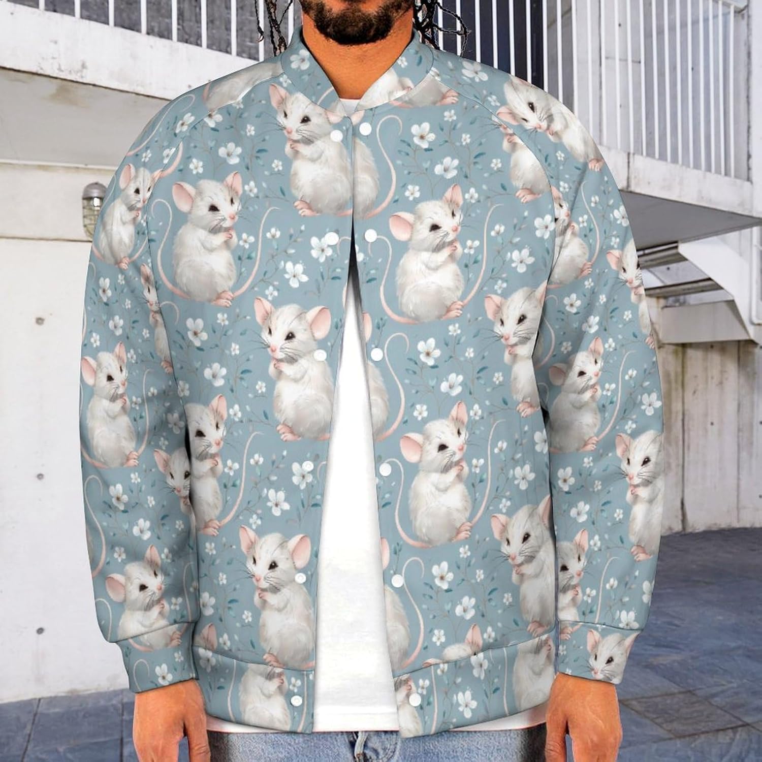 Cute White Rats Novelty Men's Baseball Jackets Causal Sweatshirt Button Top Long Sleeve Coat