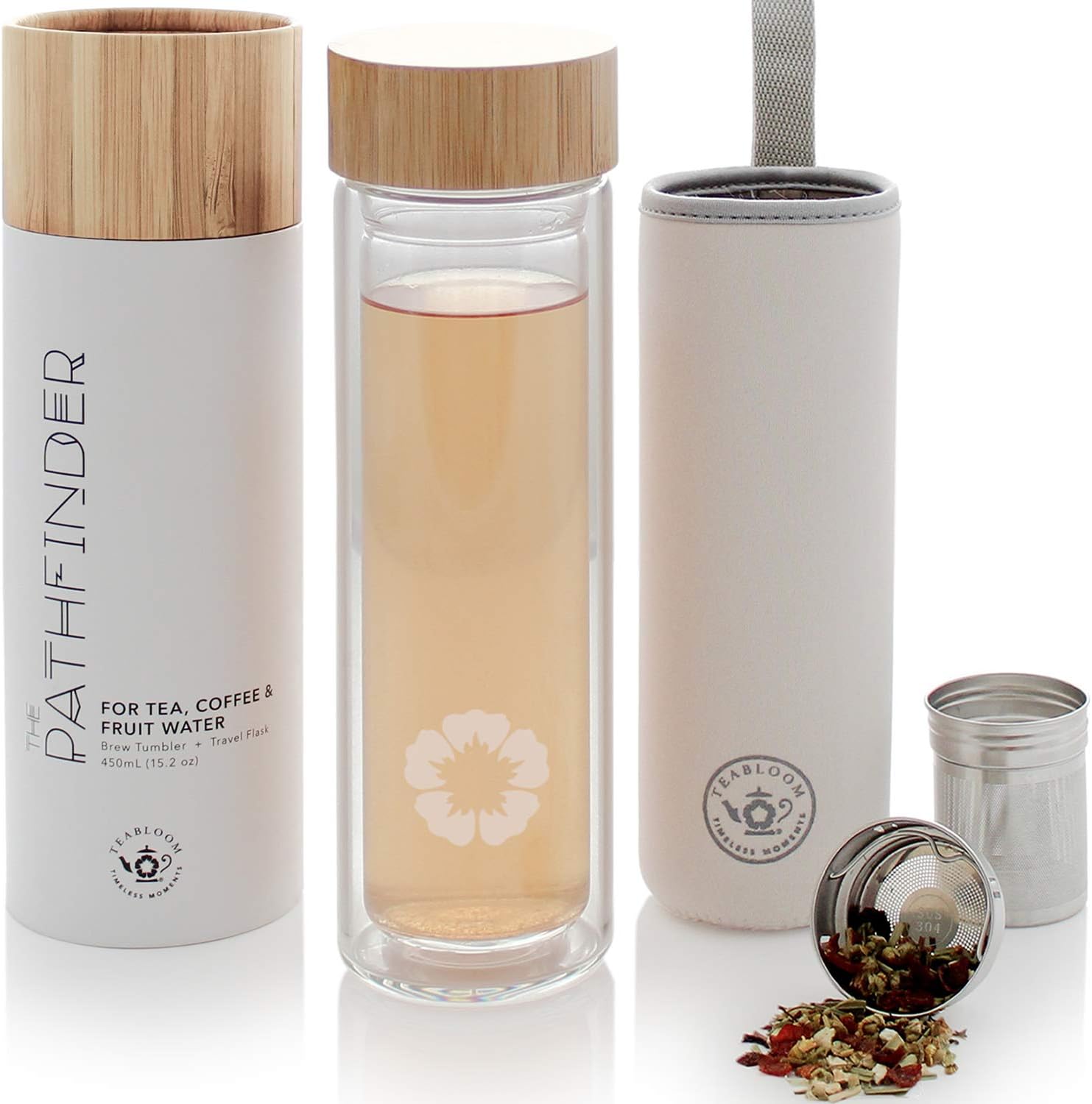 Teabloom The Pathfinder All-Beverage Tumbler Tea Tumbler 15 oz / 450 ml Tempered Glass | Travel Bottle, Hot and Cold Tea Infuser, Cold-Brew Coffee, Fruit-Infused Water