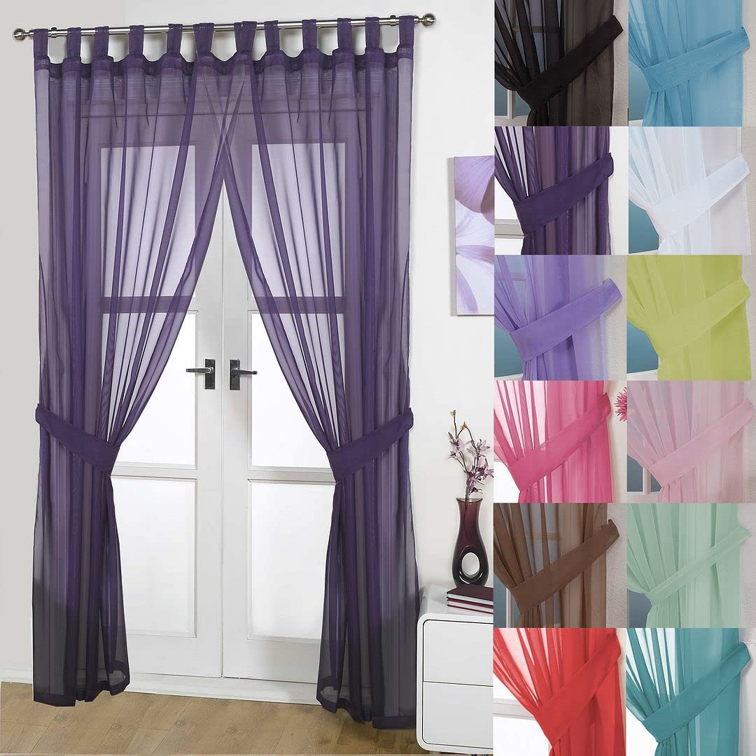 John Aird Pair Of Woven Voile Tab Top Curtain Panels. Tiebacks Included (Aubergine, 58" Wide x 48" Drop) — image 1
