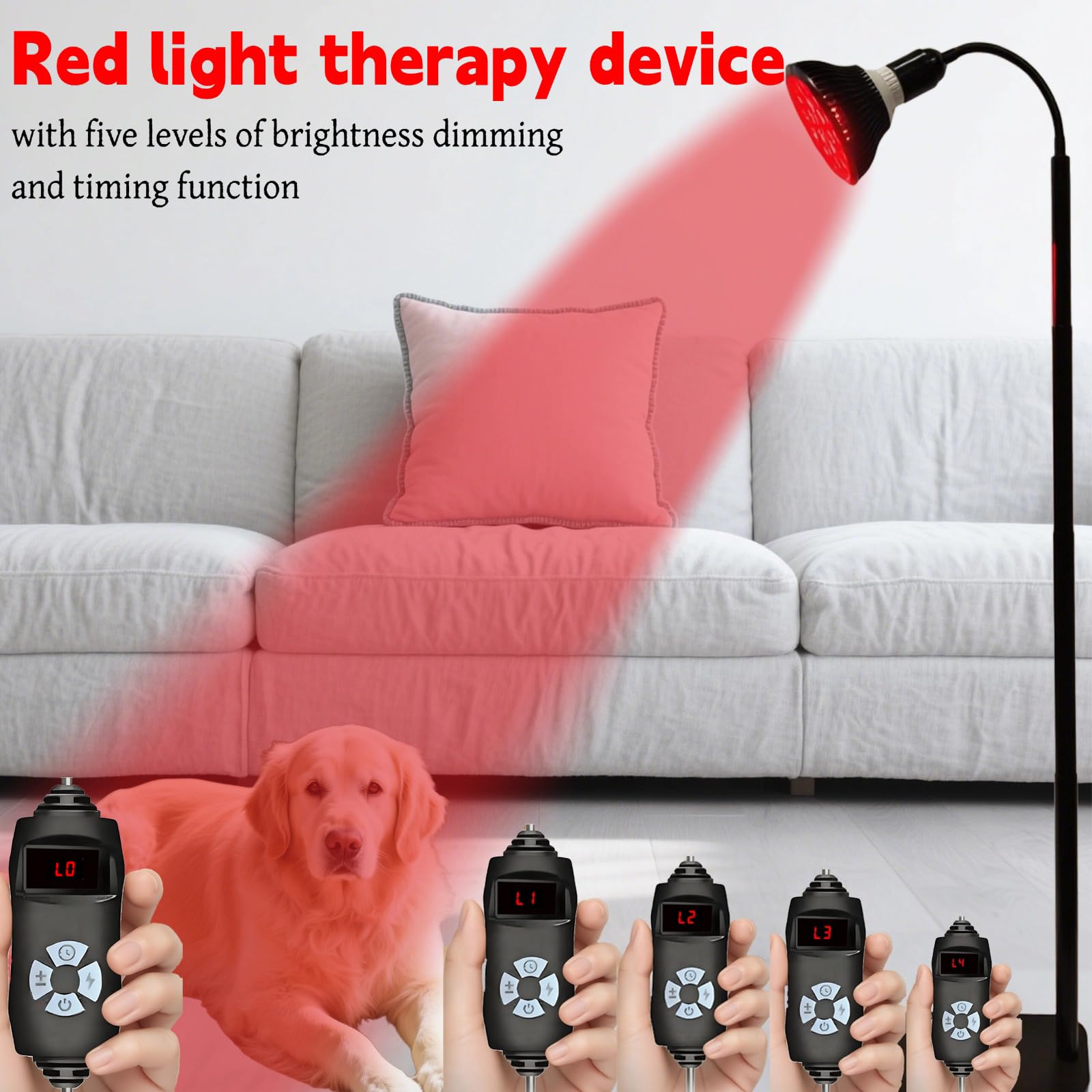 Lampe de luminothérapie rouge infrarouge 660 nm et 850 nm avec support et angles réglables pour le visage et le corps – 54 W, 18 LED, minuterie de 5 à 30 minutes, 5 niveaux de luminosité avec lunettes
