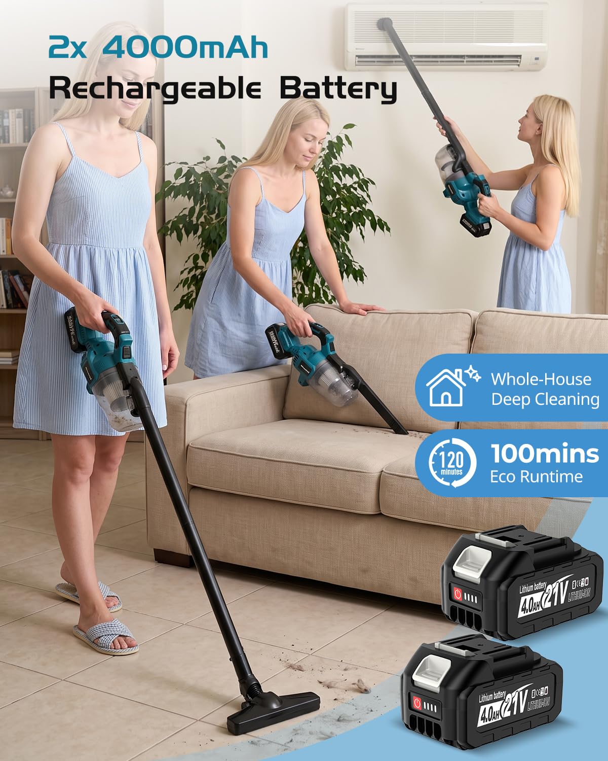 Akku Staubsauger Kompatibel mit Makita 18V, 16000Pa 4-in-1 Akku Handstaubsauger mit 2X 4.0Ah, 4 Bürstenkopf für Teppich, Hartboden, Möbel, Auto