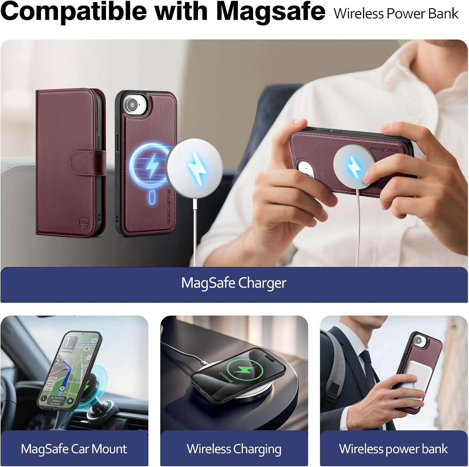 Magnetic 2 in 1 Detachable Compatible with Magsafe iPhone 17e / 16e Genuine Wallet Case with Card Holder,Women Men Real Leather Flip RFID Blocking Credit Card Slots Stand Cover,Wine Red