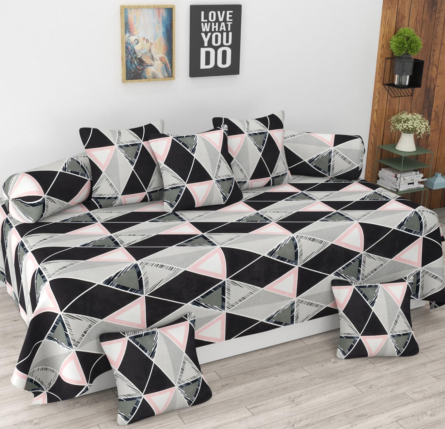 Stylish Threads Heavy Cotton 8 Pieces Diwan Set ||1 Single Bedsheet, 2 Bolster Covers, 5 Cushion Covers || :- Multi Triangle (B0DFVJTLM5) Amazon Price History, Amazon Price Tracker