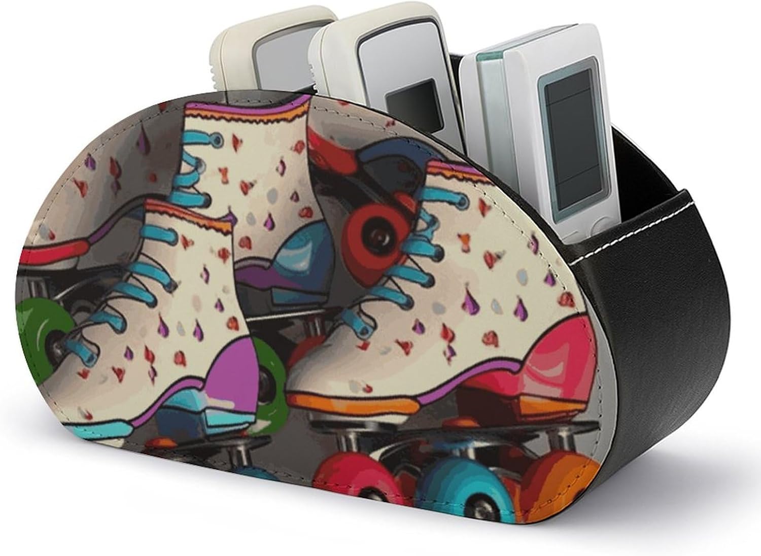 PU Leather Remote Control Organizer Box 5-Slot Multifunctional Retro Roller Skates Colorful Storage Holder for TV/DVD/Accessories Stylish Desk Decor for Living Room, Bedroom, Office