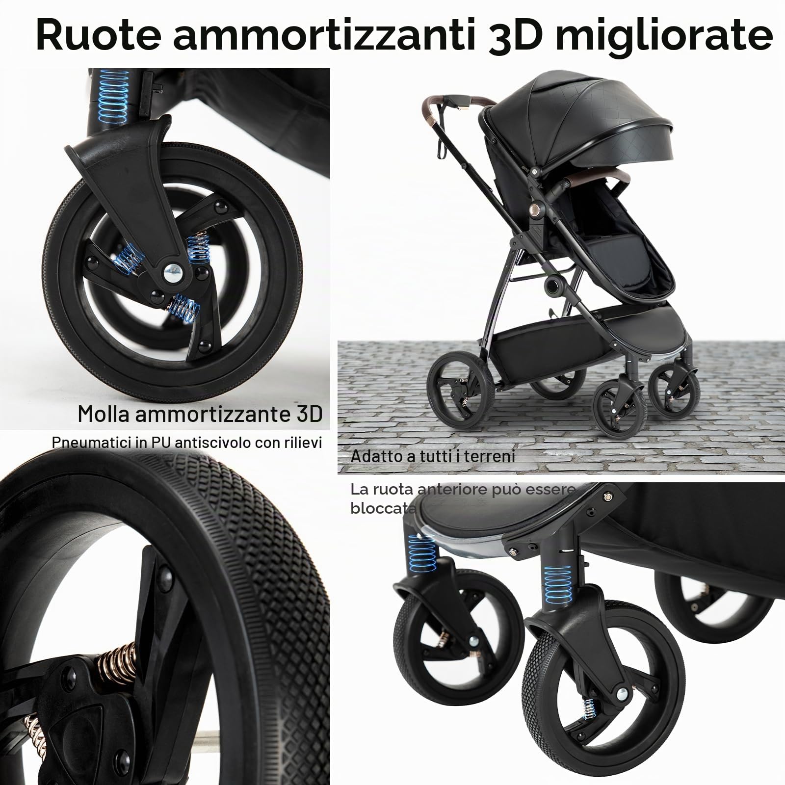 Cuoi Passeggino Combinato 3 in 1, Passeggini Cittadini Con Seggiolino Auto ECE R129, Passeggino Portatile Pieghevole In Un Clicco, Navicella Flessibile Convertibile Telaio In Alluminio Per