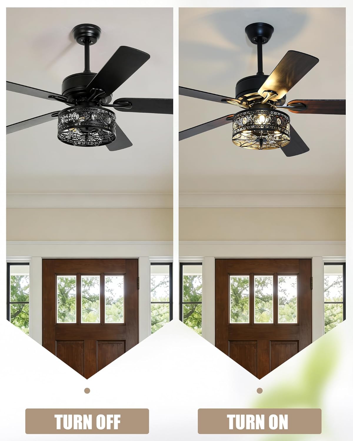 52-Inch Farmhouse Caged Ceiling Fan with Light and Remote, Modern Rustic Fandelier with Clear Crystal Accent Drum Shade, 5 Reversible Blades, Quiet DC Motor for Bedroom, Living Room, Matte Black