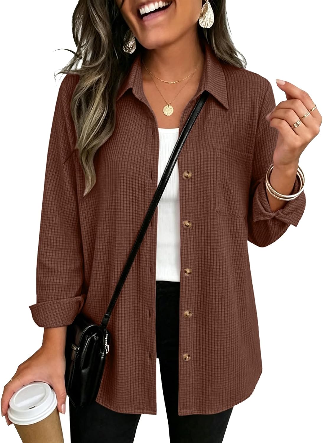 Waffle Knit Shacket Women Button Down Dressy Casual Long Sleeve Fall Shirts