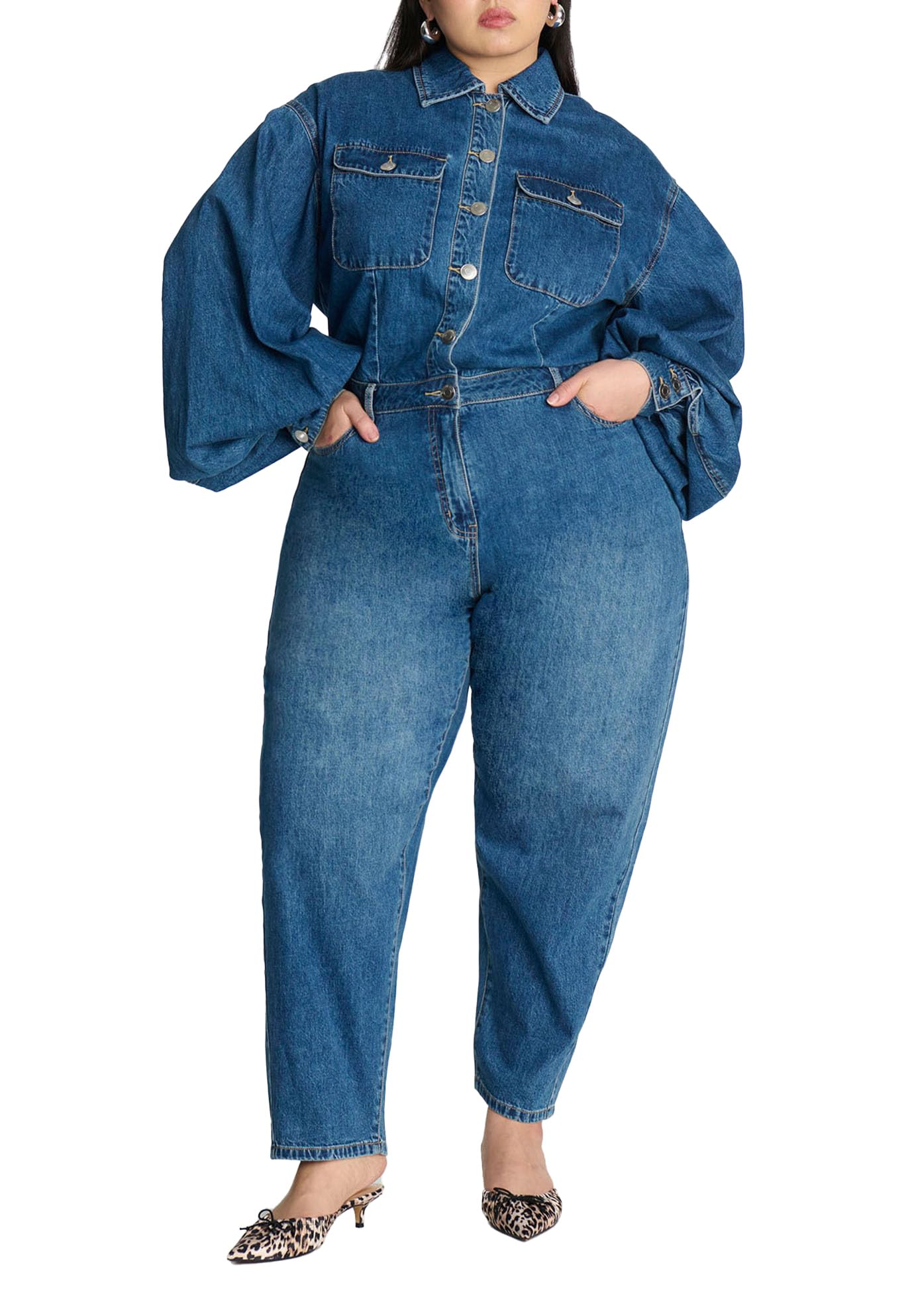 ELOQUII Women's Plus Size Barrel Leg Denim Jumpsuit