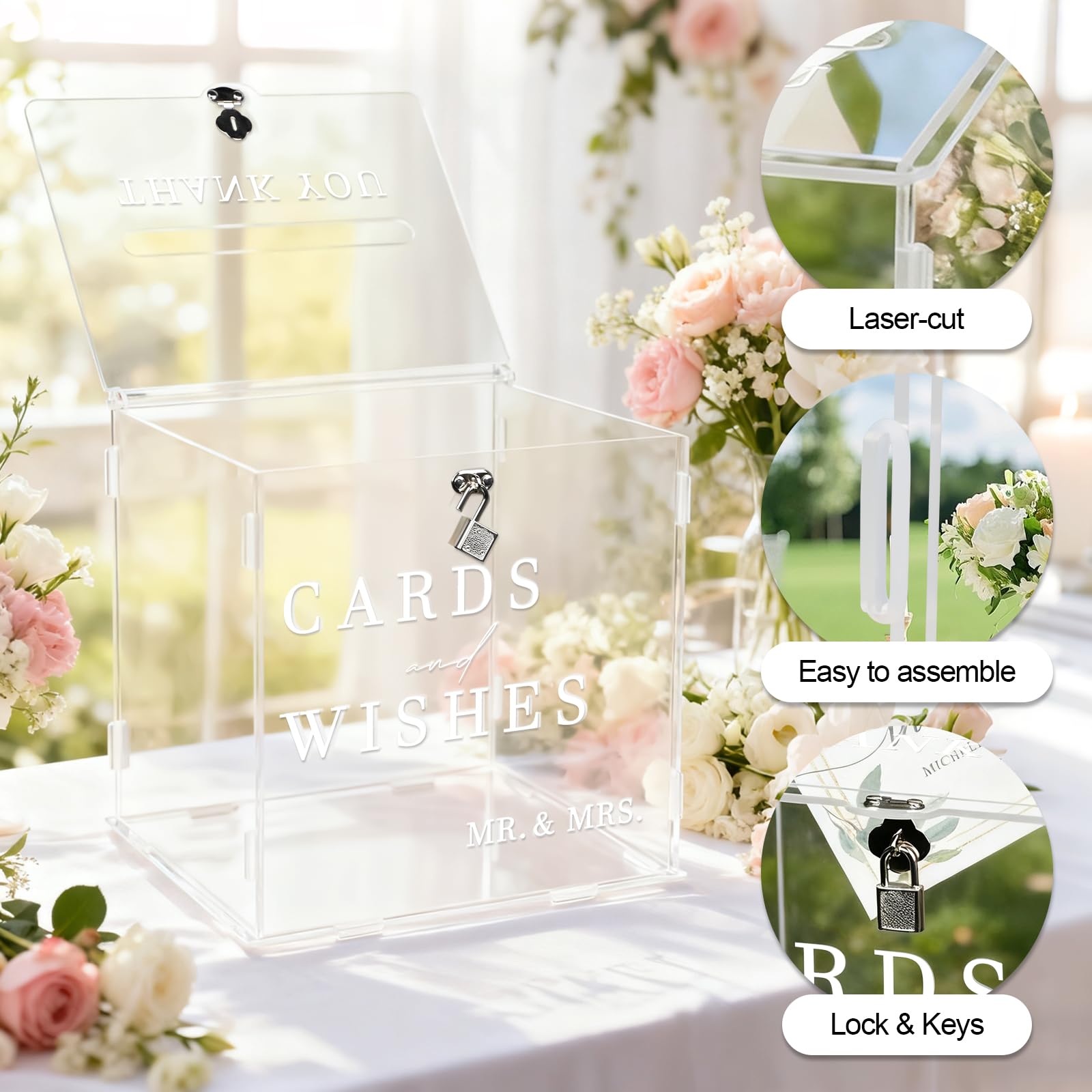 Caja Acrílico para Tarjetas Bodas con Cerradura, 26 x 22 x 25,5 cm Transparente Caja para Sobres Boda Grande, Buzon Boda Cajas Dinero Bodas Para Regalo, Recepción, Aniversario y Fiesta de Cumpleaños