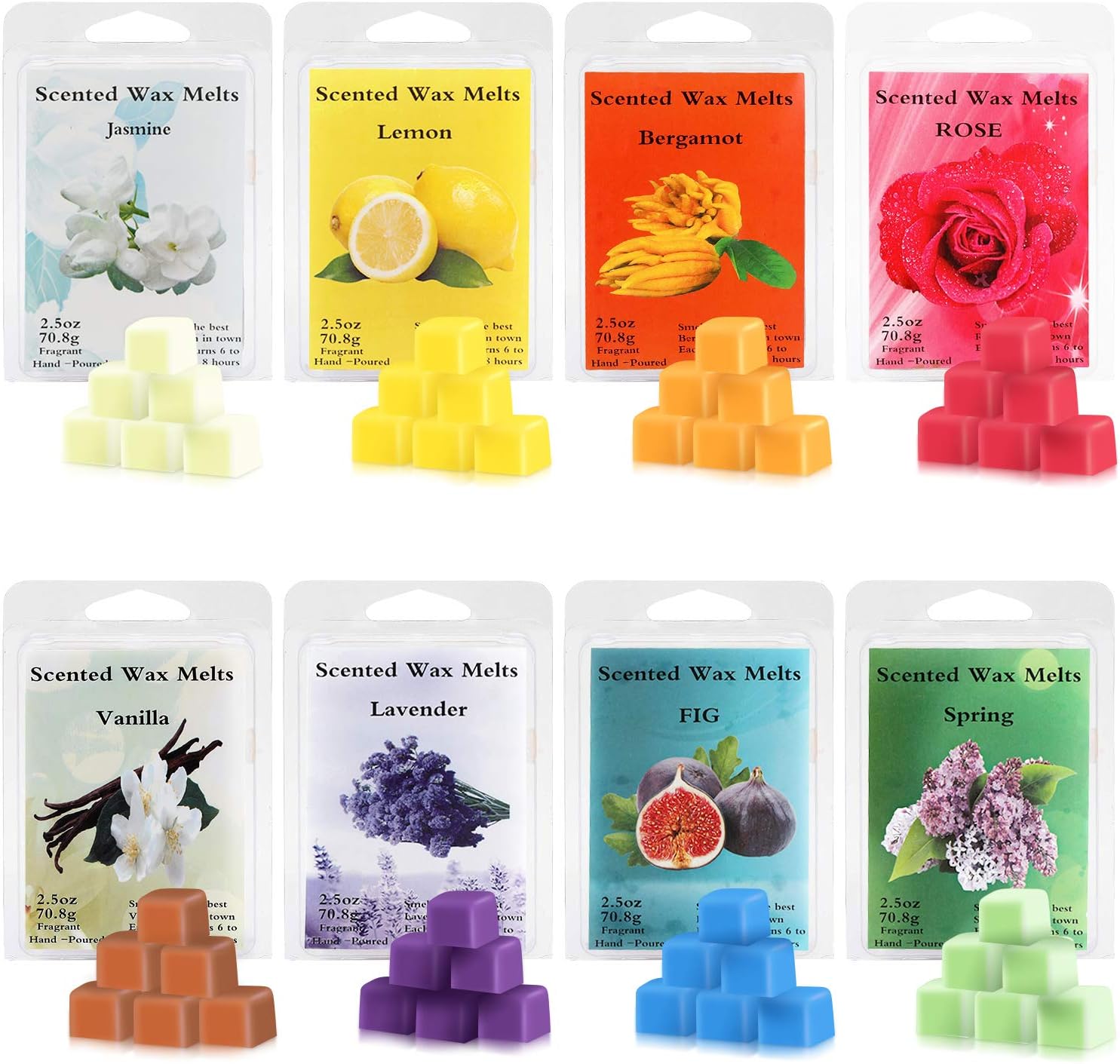 Perkisboby Scented Wax Melts, Soy Wax Cubes with Natural Essential Oil for Assorted Wax Warmer Cubes/Tarts - Rose, Fig, Lavender, Vanilla, Jasmine, Lemon, Bergamot, Spring (8 x 2.5 oz)