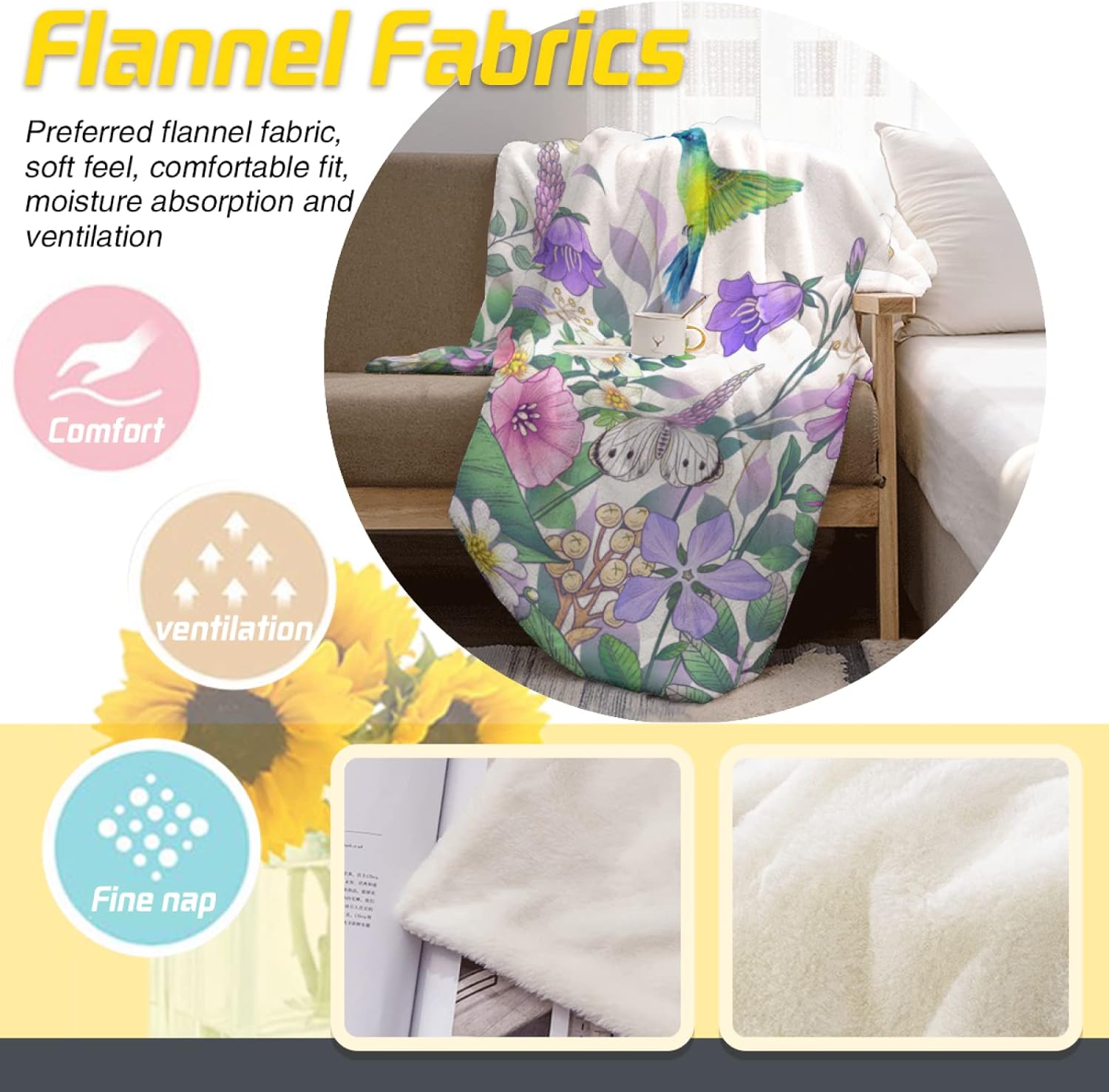 Hummingbird Birds Soft Throw Blanket All Season Microplush Thick Warm Blankets Tufted Fuzzy Flannel Throws Blanket for Bed Sofa Couch 60"x50"