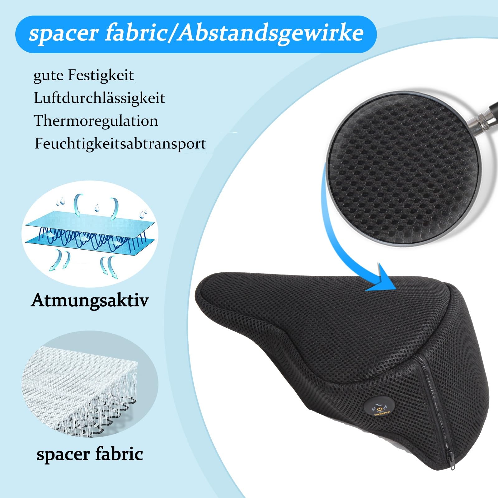 Thermrup Beheizbarer Fahrradsattelbezug aus Abstandsgewirke USB mit Powerbank-Tasche und Regenschutzbezug