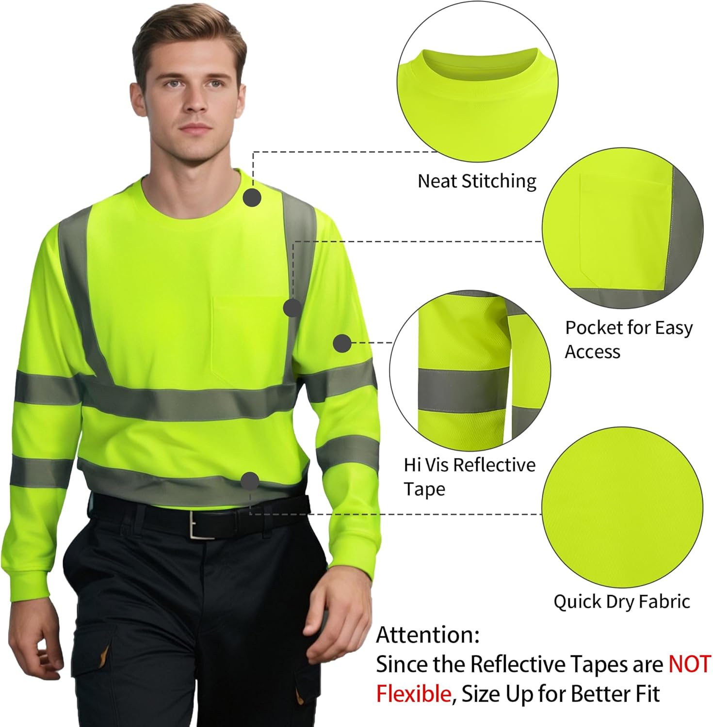 High Visibility Safety Shirts for Men, Hi Vis Class 3 Long Sleeve Reflective Construction Shirts - Image 2