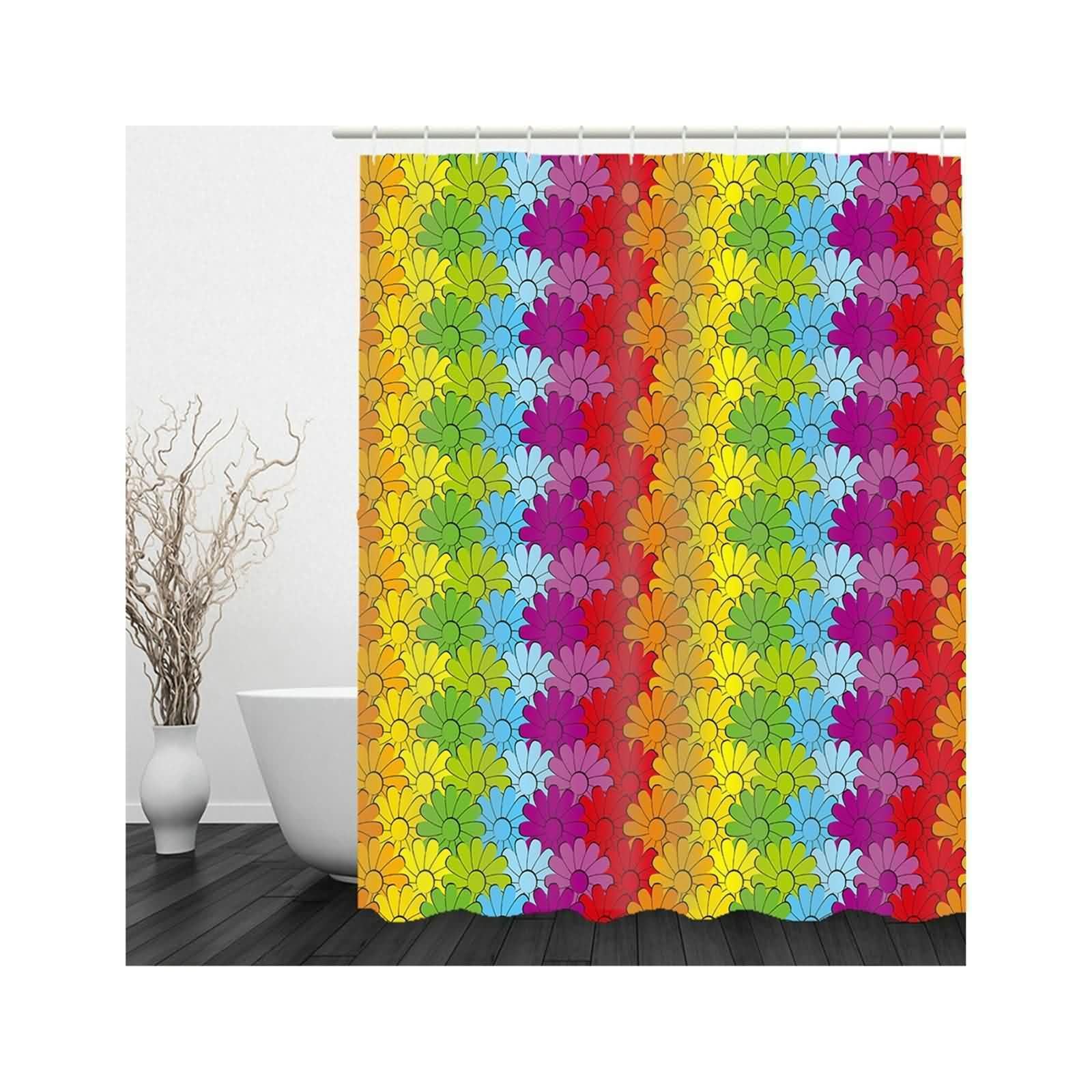 Rideau de douche multicolore anti-éclaboussures en polyester motif marguerites avec anneaux