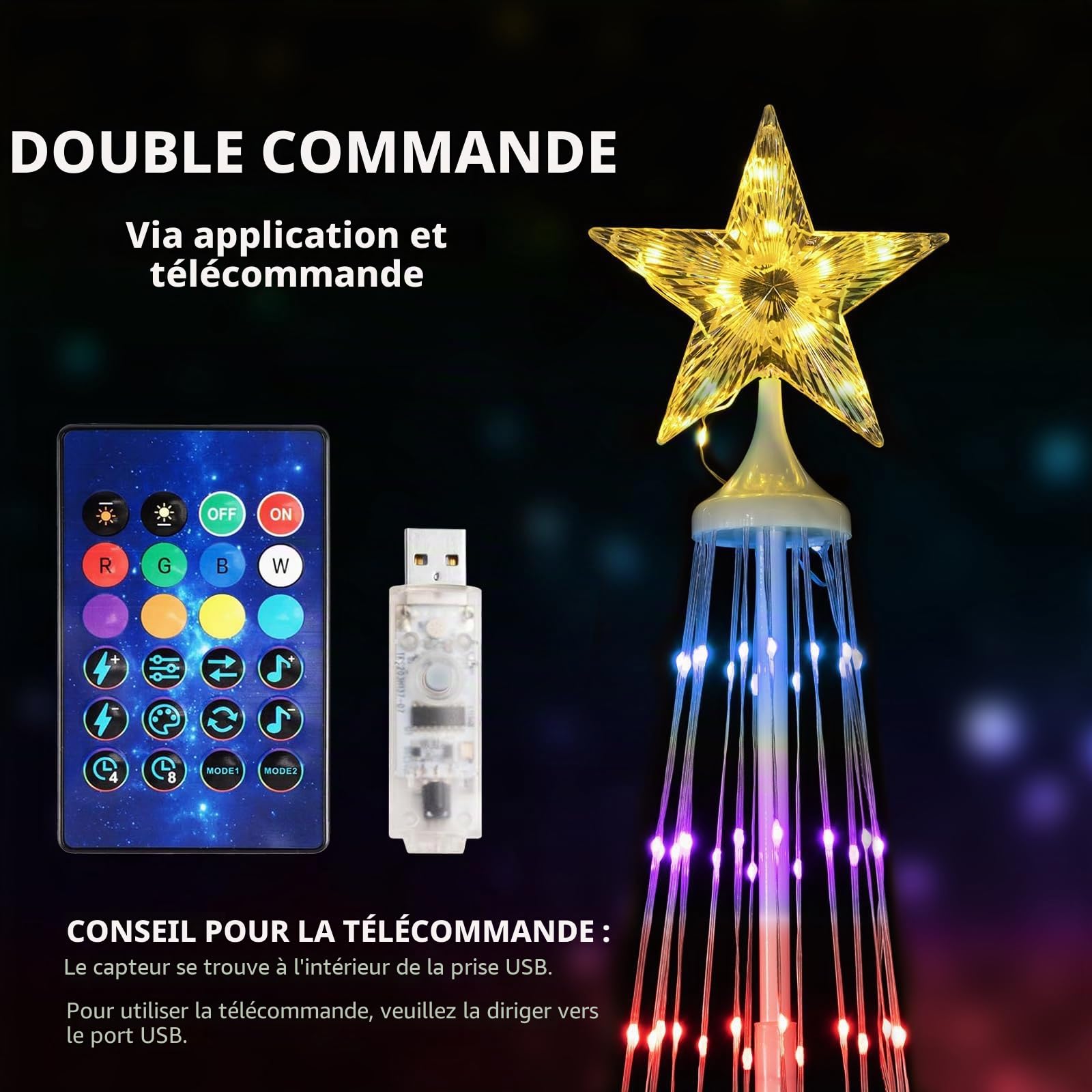 Hoofun Guirlande lumineuse LED intelligente pour sapin de Noël : 150 cm, éclairage de Noël avec étoiles, application et télécommande, prise USB, RVB à intensité variable, mode DIY, minuterie