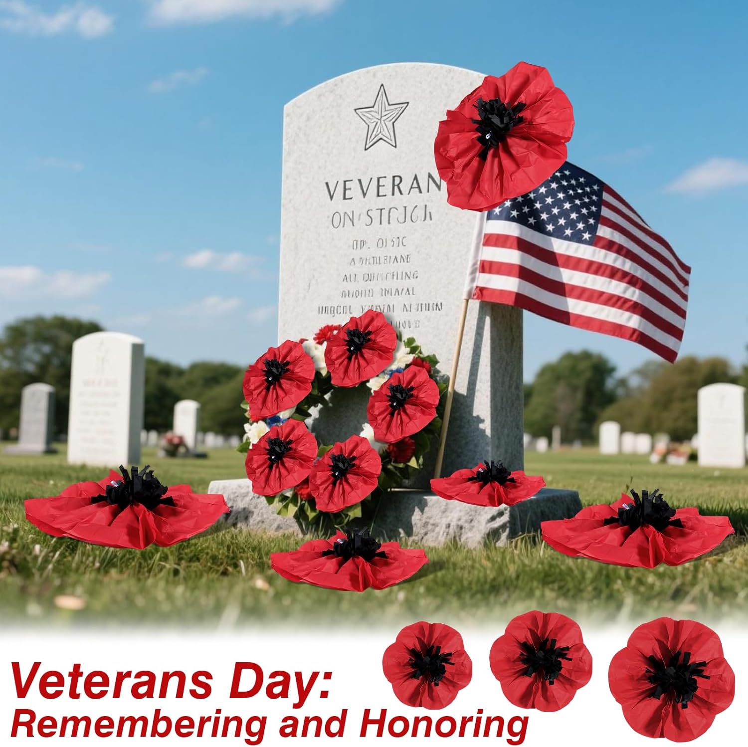36 Pcs Halloween Paper Poppy Flowers Artificial Tissue Paper Poppies Flowers Fake Red Flower for Wedding Veterans Day Carnival Party Decoration (12'' 10'' 8'')