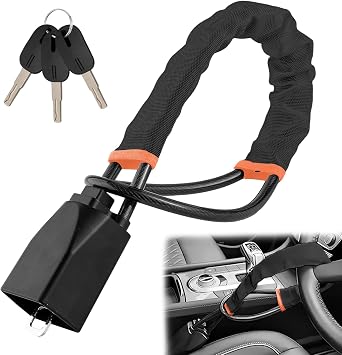 Steering Wheel Lock,Car Steering Wheel to Seat Belt Locks,Heavy Duty Universal Steering Locks High Visibility Car Lock Anti-Theft Device,3Keys Black
