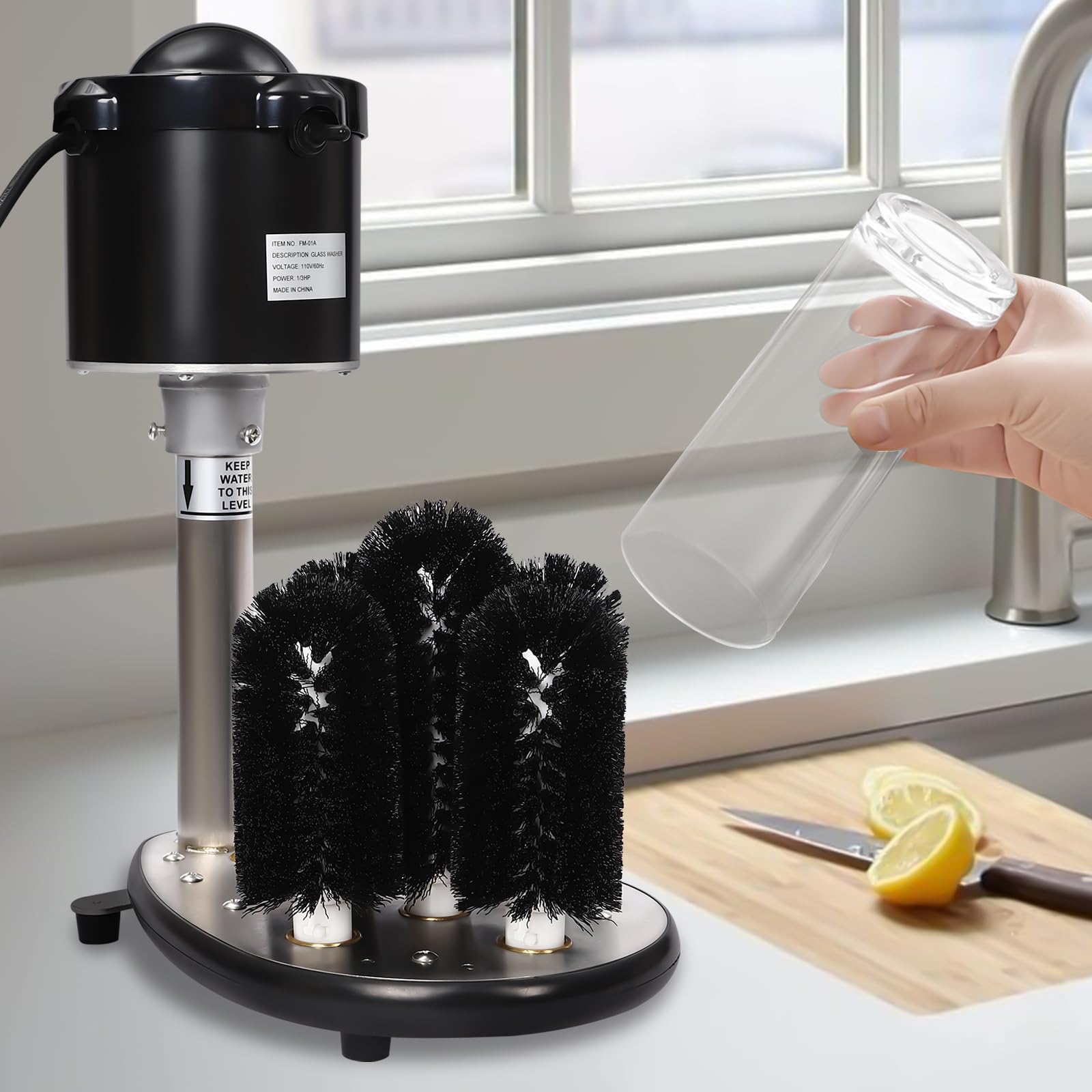 Electric Commercial Glass Washer, 110V 5-Brush Upright Electric Glass Cup Washer Machine Wine Glass Cleaning Machine Bar Glass Washer, 800 Cups/H Submersible Glass Washer for Bars Cafes (Black+Silver)