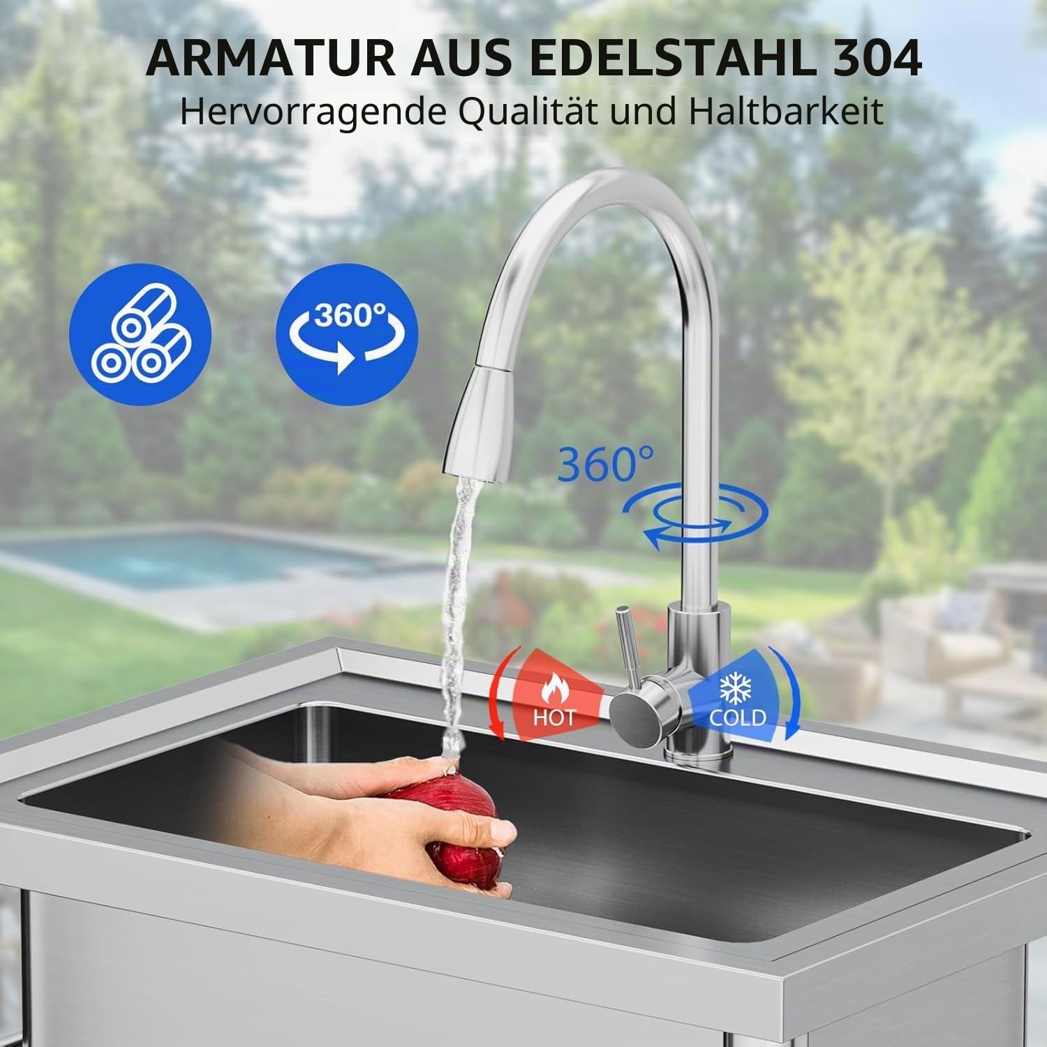 Küchenspüle Spültisch freistehend Edelstahl Waschbecken mit Schüssel Wasserhahn, Ablage, Kalt- Und Warmwasserleitung, Kommerzielles Spülenset für Küche, 70x50x86 cm