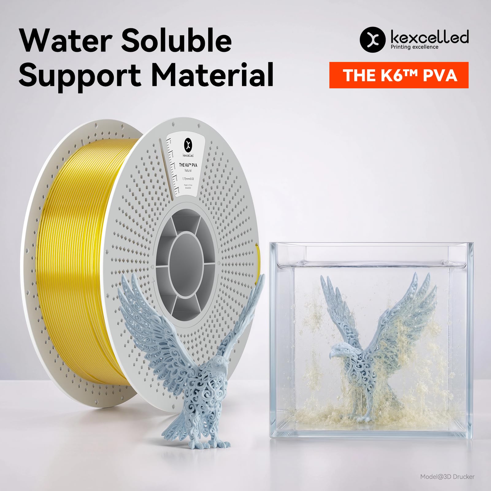 kexcelled PVA Wasserlösliches Filament, Naturfarben 1,75 mm +/- 0,03mm 1kg | Verwendet als Stützmaterial, Kompatibel mit PLA, PETG, ABS, Reusable Spule, für 3D Druck Komplexe Modelle