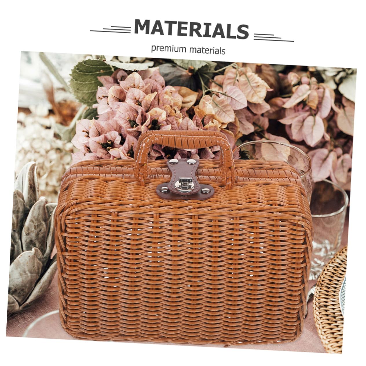 Valigia Vintage Manico, Scatola Portaoggetti Intrecciata Piccola | Finta Pelle e Plastico, Capienza Ampia, Chiusura Blocco, Stile Simulato Rattan