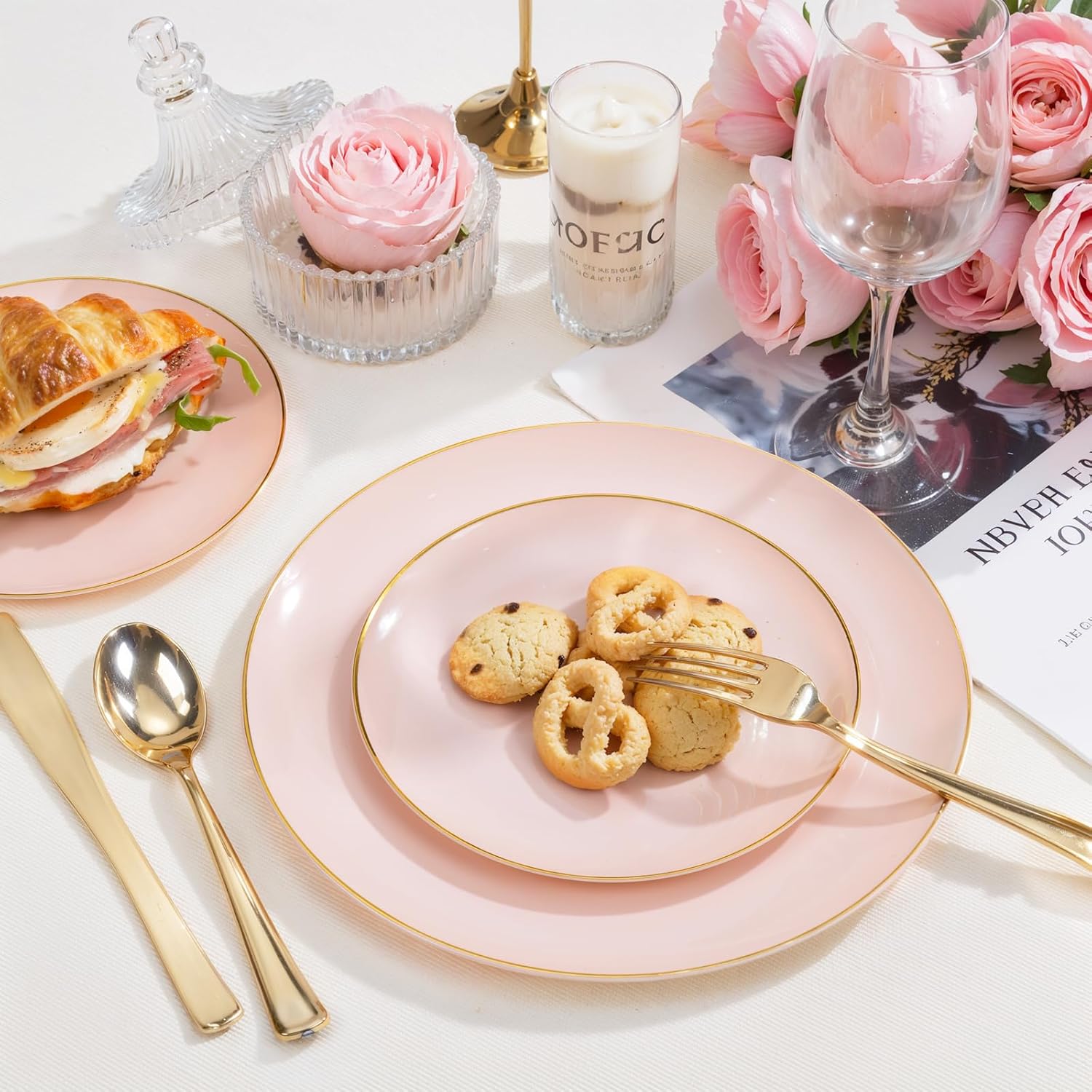PULOTE 200Pieces Pink Plastic Plates - Premium Hard Pink and Gold Disposable - Include 100PCS 10 inch Dinner & 100PCS 7 inch Dessert Plates, Ideal for Wedding, Party & Valentines Day - Image 6