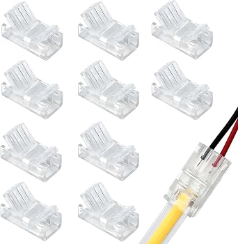 10Pcs 2-Pin 8mm COB LED Light Strip Connectors, Unwired Solderless Gapless Strip to Wire Adapter, LED Wire Crystal Buckle Connector for Waterproof Single Color Light Strip Quick Connection [Energy Class A]