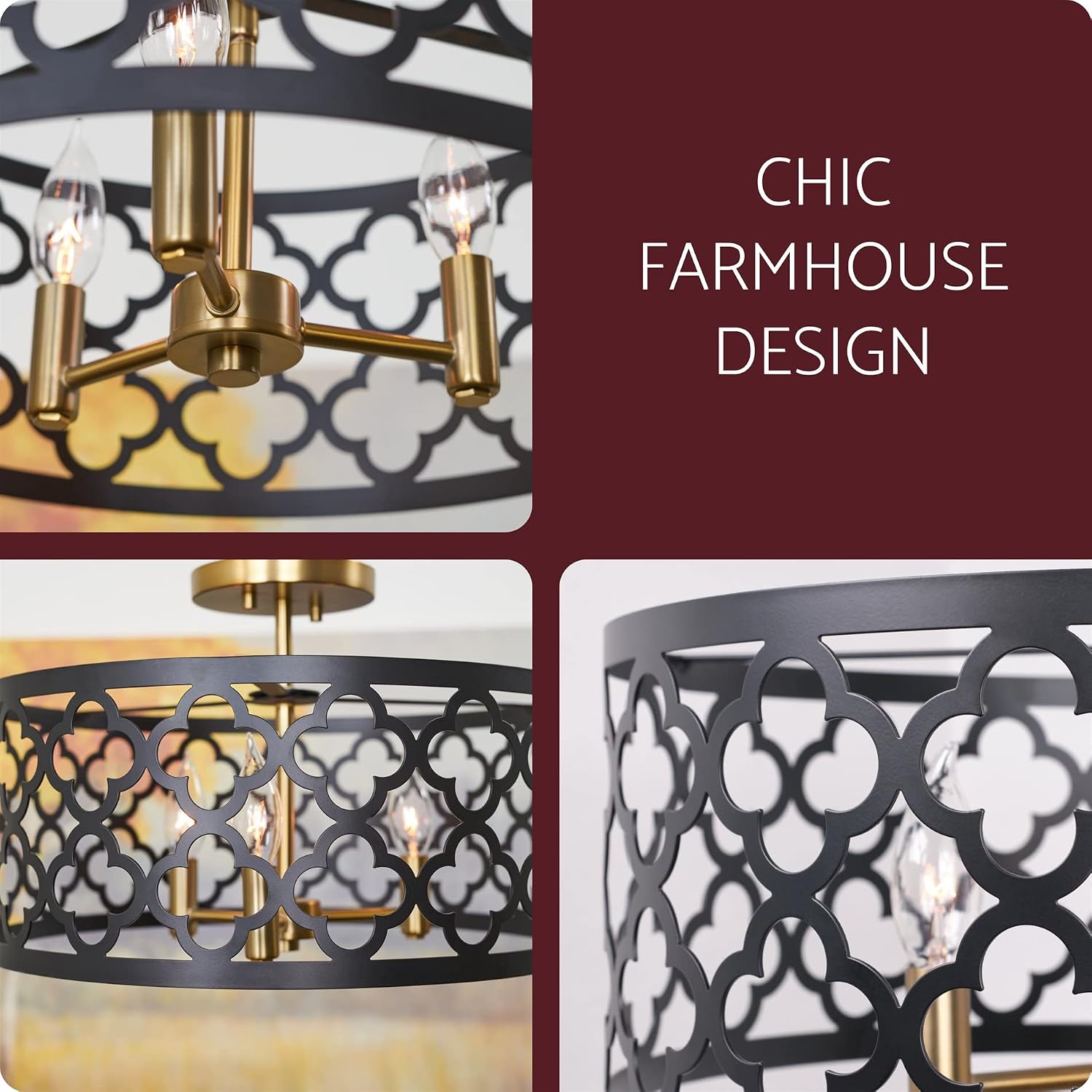 Kira Home Sutton 16" 3-Light Modern Semi-Flush Mount Ceiling Light, Metal Drum Shade, Warm Brass + Black Finish