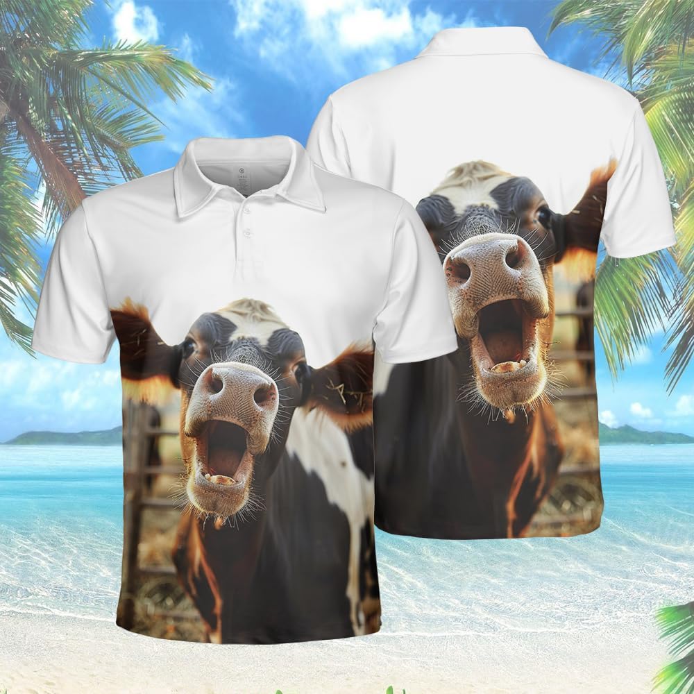 Funny Cow Polo Shirts for Men Holiday Party- Golf Moisture Wicking Dry Fit Performance Short Sleeve Polo Shirts S14