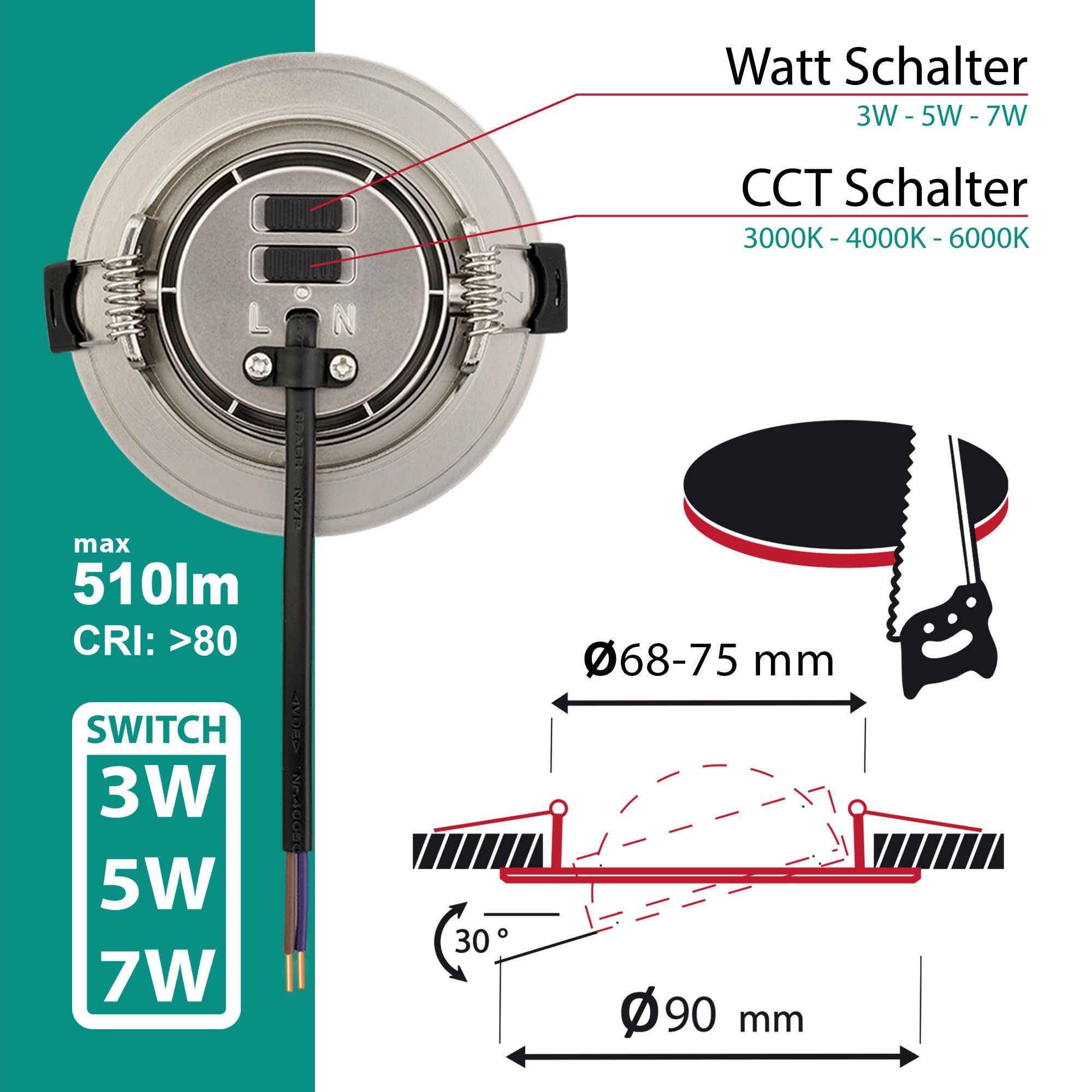 Maxkomfort 6er Set LED Einbaustrahler 230V Ultraflach & schwenkbar - 3 Lichtfarben (3000K/4000K/6000K) & 3W-5W-7W einstellbar, IP20 Deckenspots Edelstahl-Optik gebürstet - LEA-Prime