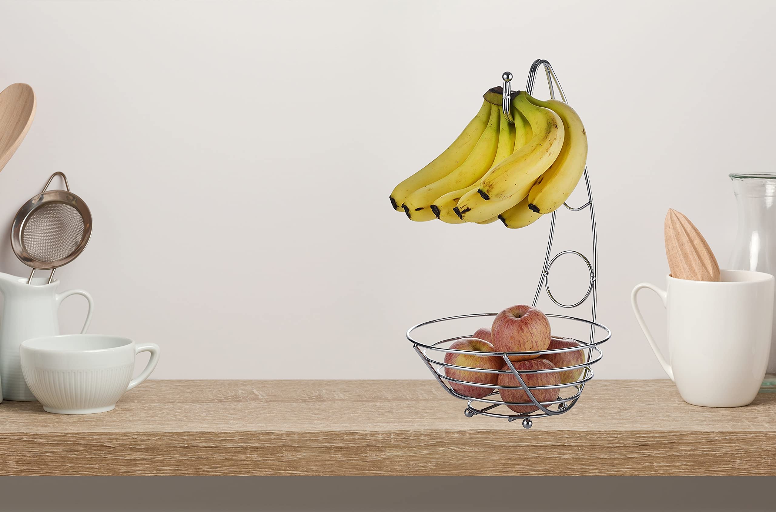 Corbeille à Fruits Avec Crochet à Bananes Exzact - Panier Métallique Argenté, 41cm De Hauteur