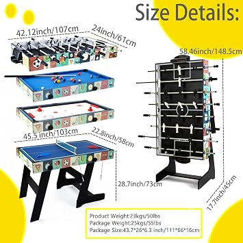 4-in-1 Multi Game Table 48inch Folding Combo Game Table, Football Table,Billiards Table, Pool/Snooker Table, Hockey Table, Table Tennis Table for Adults Family Birthday