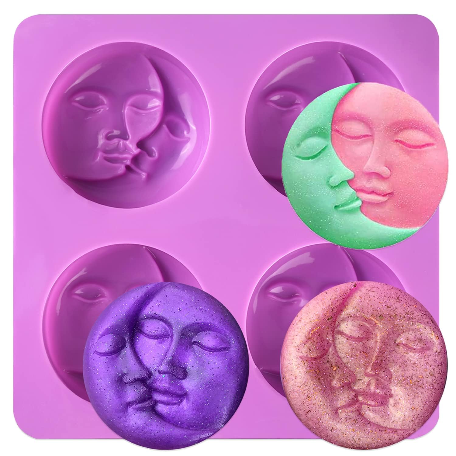 Ality 4 Cavity Sun & Moon Silicone Soap Molds, Crescent Moon Face Silicone Soap Mold for Homemade Lotion Bar, Bath Bombs, Polymer Clay, DIY Resin Making