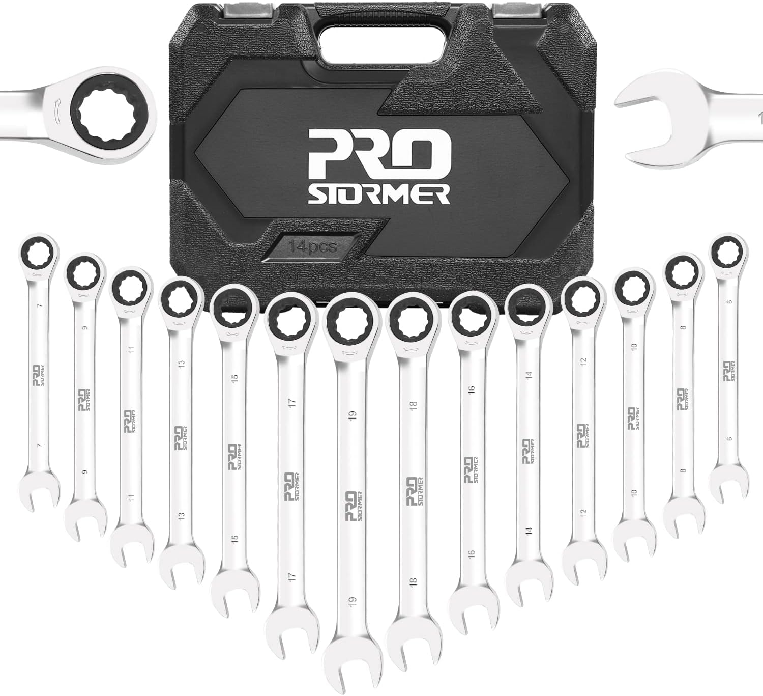 Prostormer 14-Piece Ratcheting Combination Wrench Set, 6-19mm Metric Ratchet Wrenches Combo, Cr-V Steel, 72-Tooth Wrench Kit with Storage Case