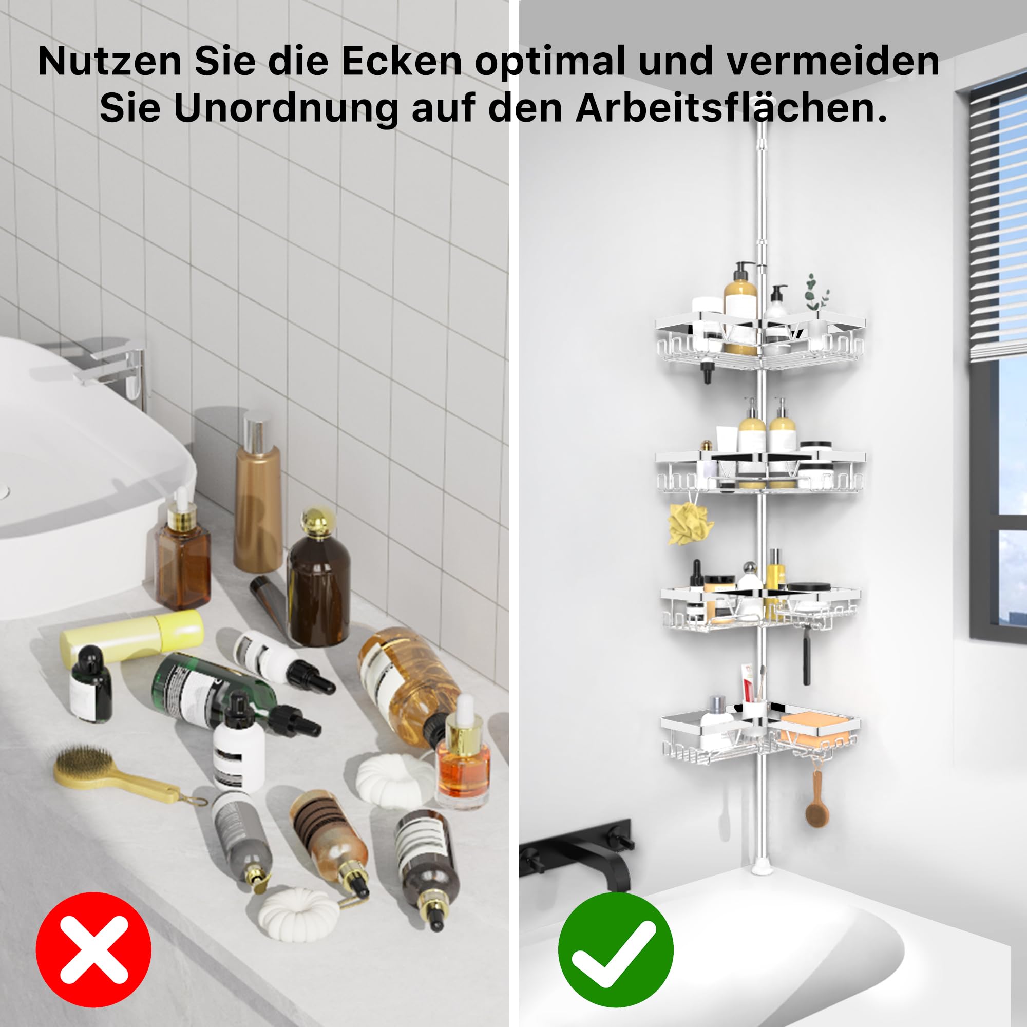 KEGII Teleskop Duschregal Chrome - Duschablage Ohne Bohren 4 Stück | Teleskopregal Eckregal, für Bad und Badewanne, Einfache Montage, Höhenverstellbar, Mit Haken/Seifenhalter/Rasiererhalter